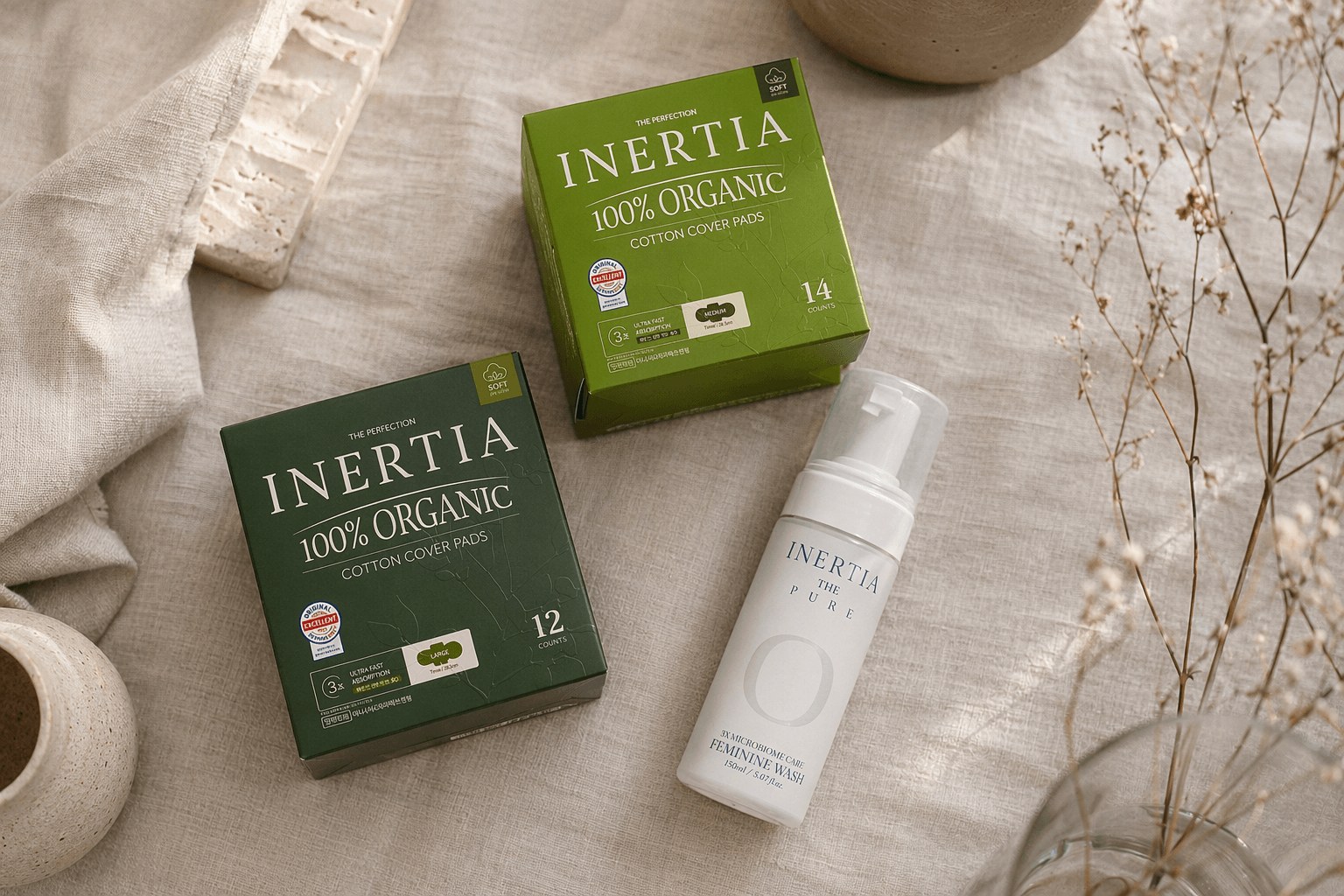 A simple cycle care routine with pads, overnight protection, supplements, and feminine wash.