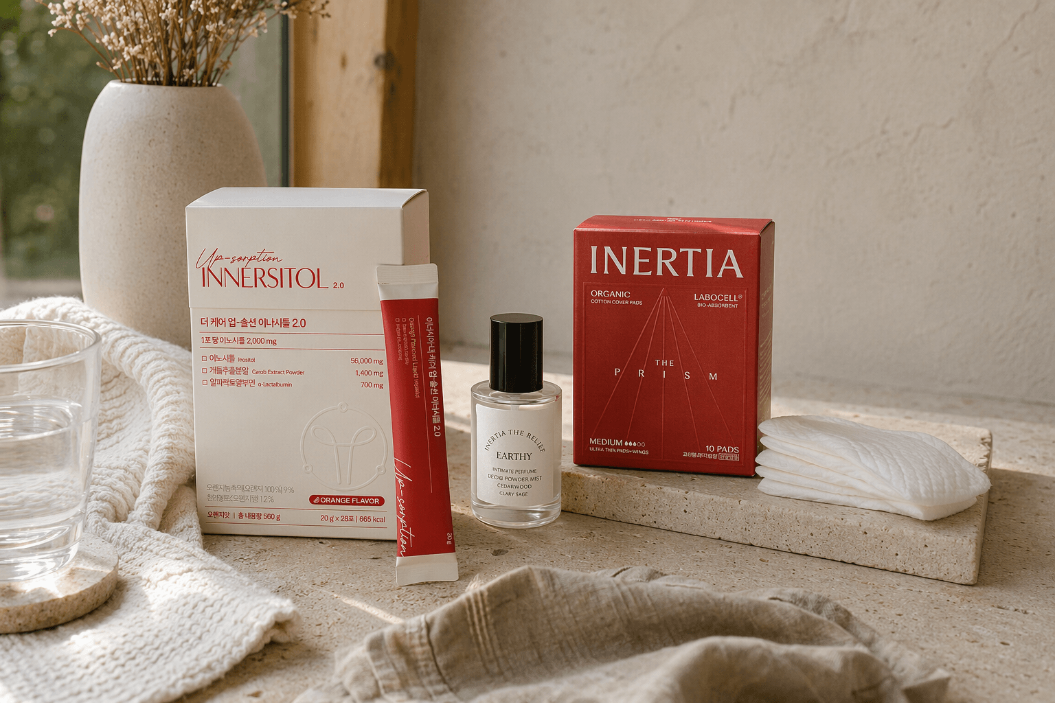 Organic cotton period care, inositol, and feminine wash arranged in a calm daily routine.